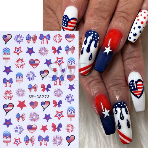 Cross-border New Nail Glue Nail Sticker US Independence Day Flag Love Star Fireworks Glue Nail Sticker