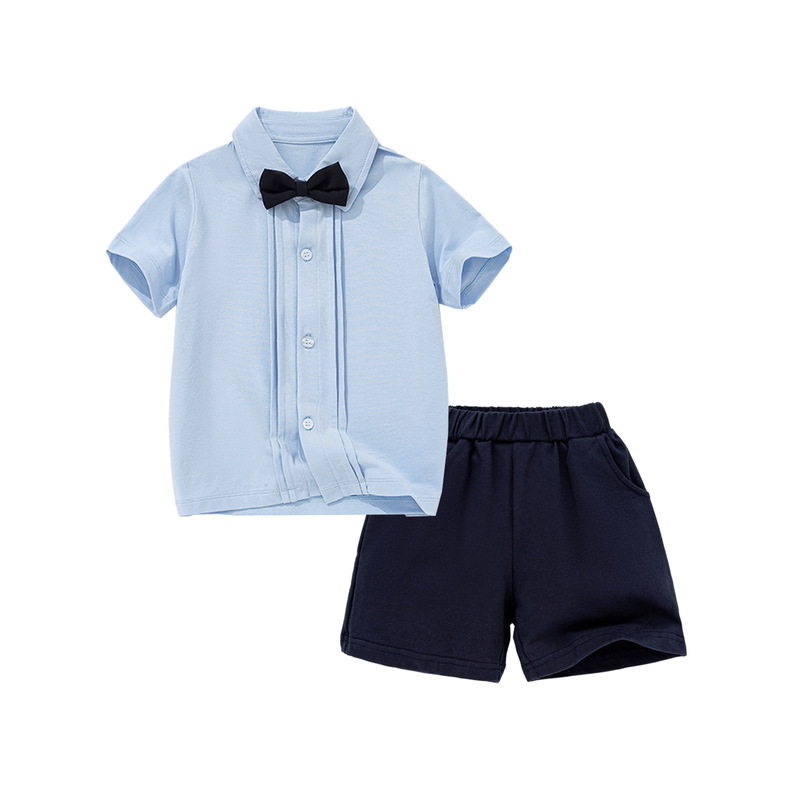 Boys' Pleated Bow Tie Shirt Children's Suit Summer Stylish Gentleman Outfit Summer Birthday Gift Clothing