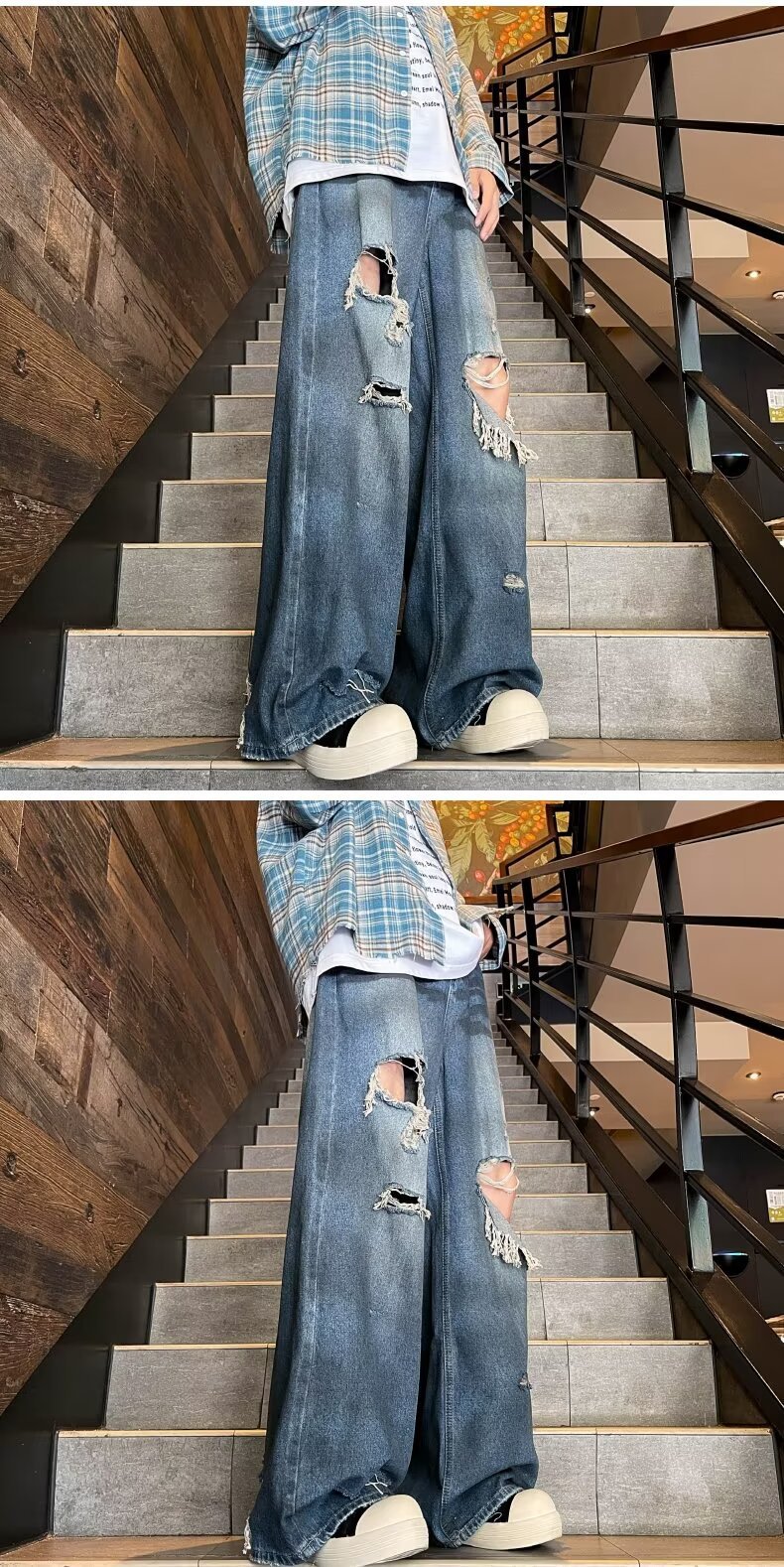 boy European And American Washed Vintage Ripped Jeans For Men, Unique Design, High Street Casual Versatile Fashion Wide-Leg_viptrois.com