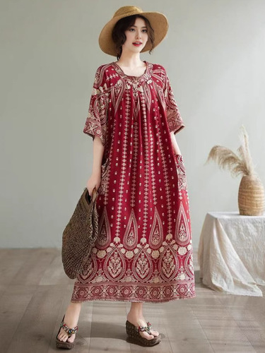 Southeast Asia new women's dress, large size, artistic round collar, rayon loose color, covering the flesh and showing slimming dress