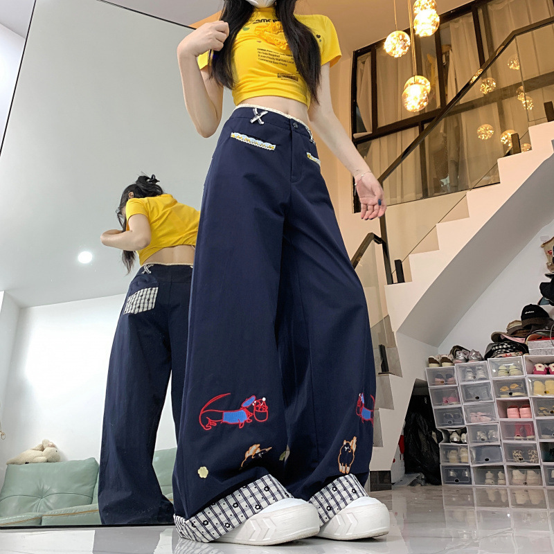 子供っぽい刺繍入りの頑丈な綿パンツ、女性用春と夏のレトロな多用途のルーズストレートカジュアルロングパンツ|undefined