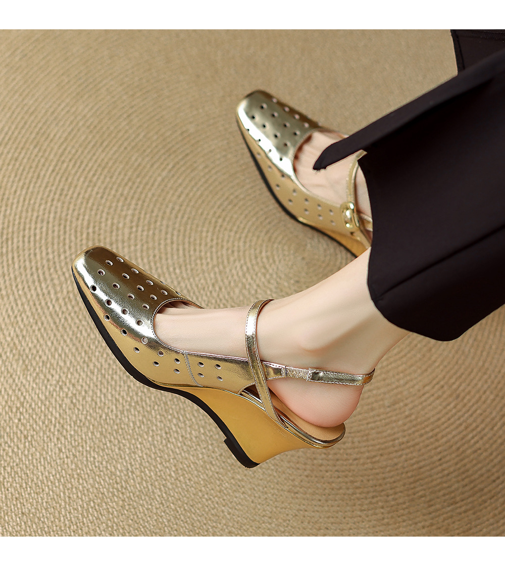 Sandal cao gót nữ mũi vuông quai ngang đế xuồng da thật lỗ thoáng khí — màu vàng, Trắng sữa, bạc chi tiết 11