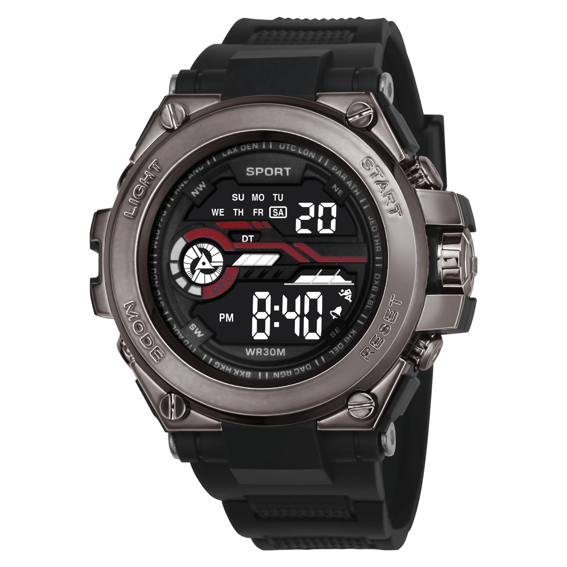 Cross-border dedicado hombres electrochapados reloj electrónico de moda multi-función de alarma luminosa deportes reloj electrónico