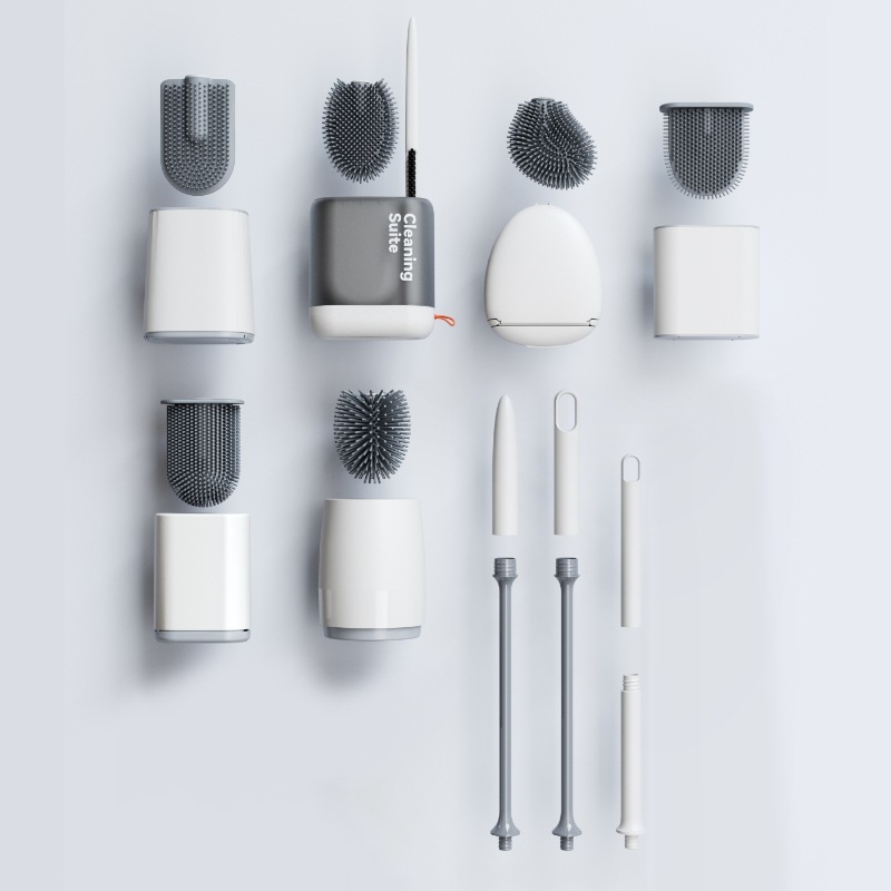 Diseño de patente personalizado de cepillo de limpieza de inodoro de goma blanda original, conjunto de cepillo de limpieza multifuncional sin esquina muerta