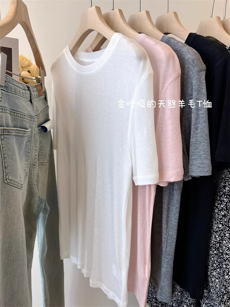 韩国new 糯叽叽面料太舒服啦 羊毛圆领显瘦短袖t恤女天丝面膜 TEE