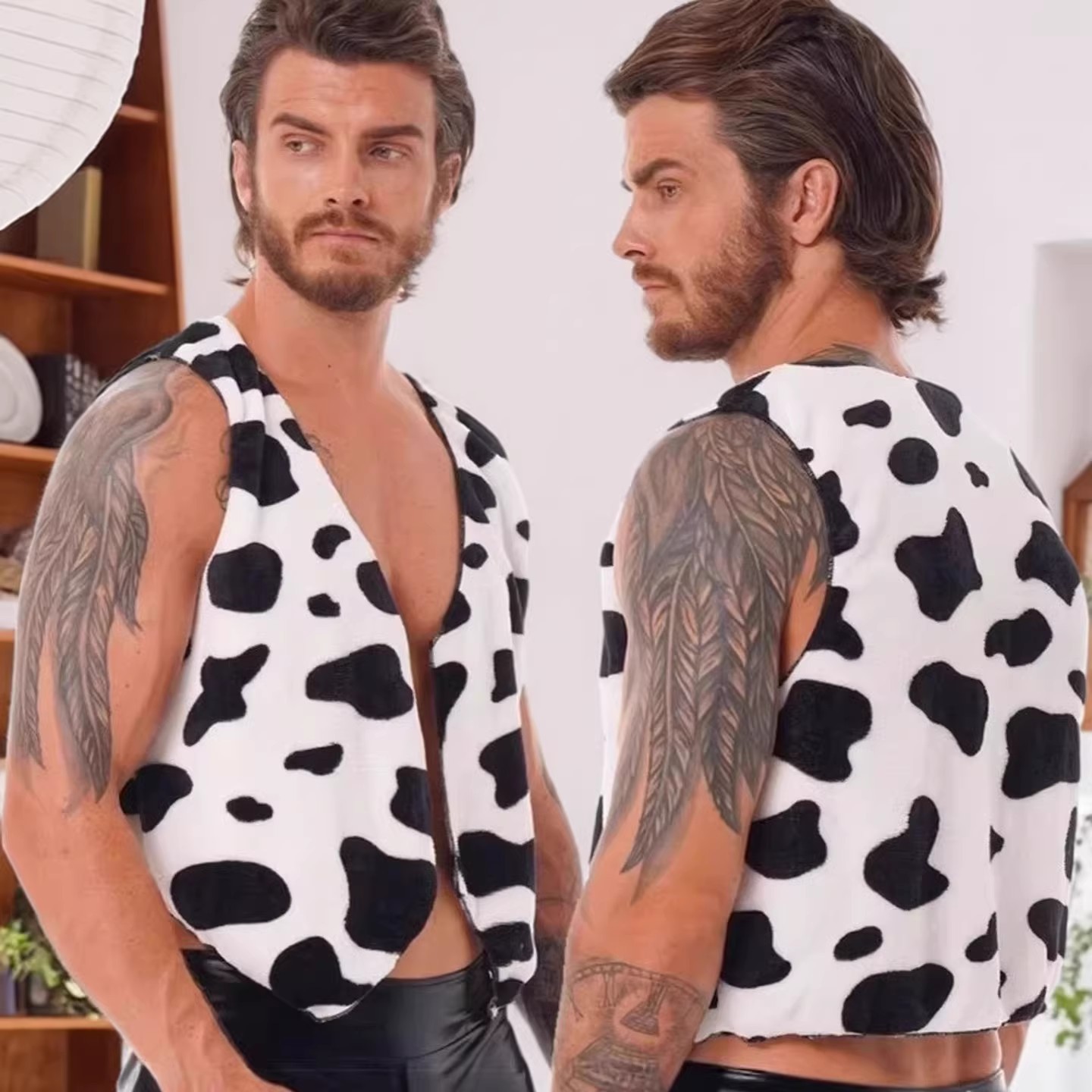 Halloween Short Black and White Cow-Spot Vest, Fashionable and Versatile Cape, Christmas Cosplay Shawl, Stage Outfit