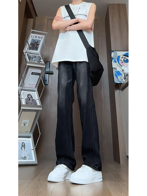 Black and Gray Men's Jeans Trendy Brand Street Style Handsome High-End Pants American Vibe Slim Straight-Leg Flared Pants