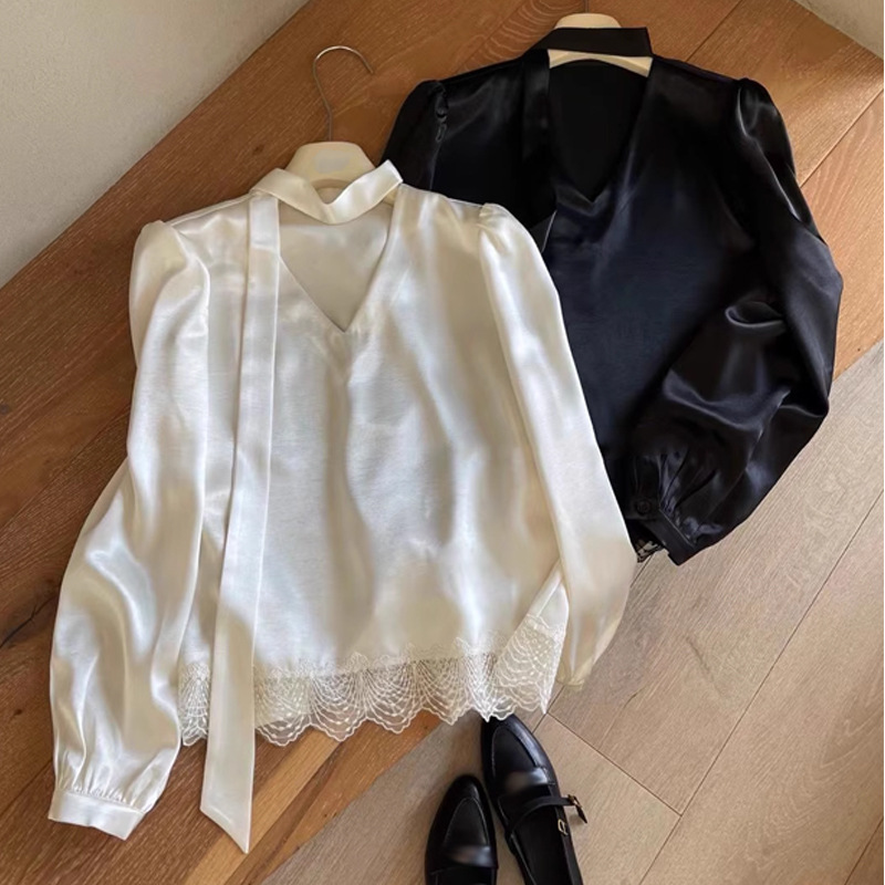 Commuting Style A-Line Flutter Collar Lace Satin Shirt for Women, Long Sleeve New Pullover Puff Sleeve Versatile Blouse Top