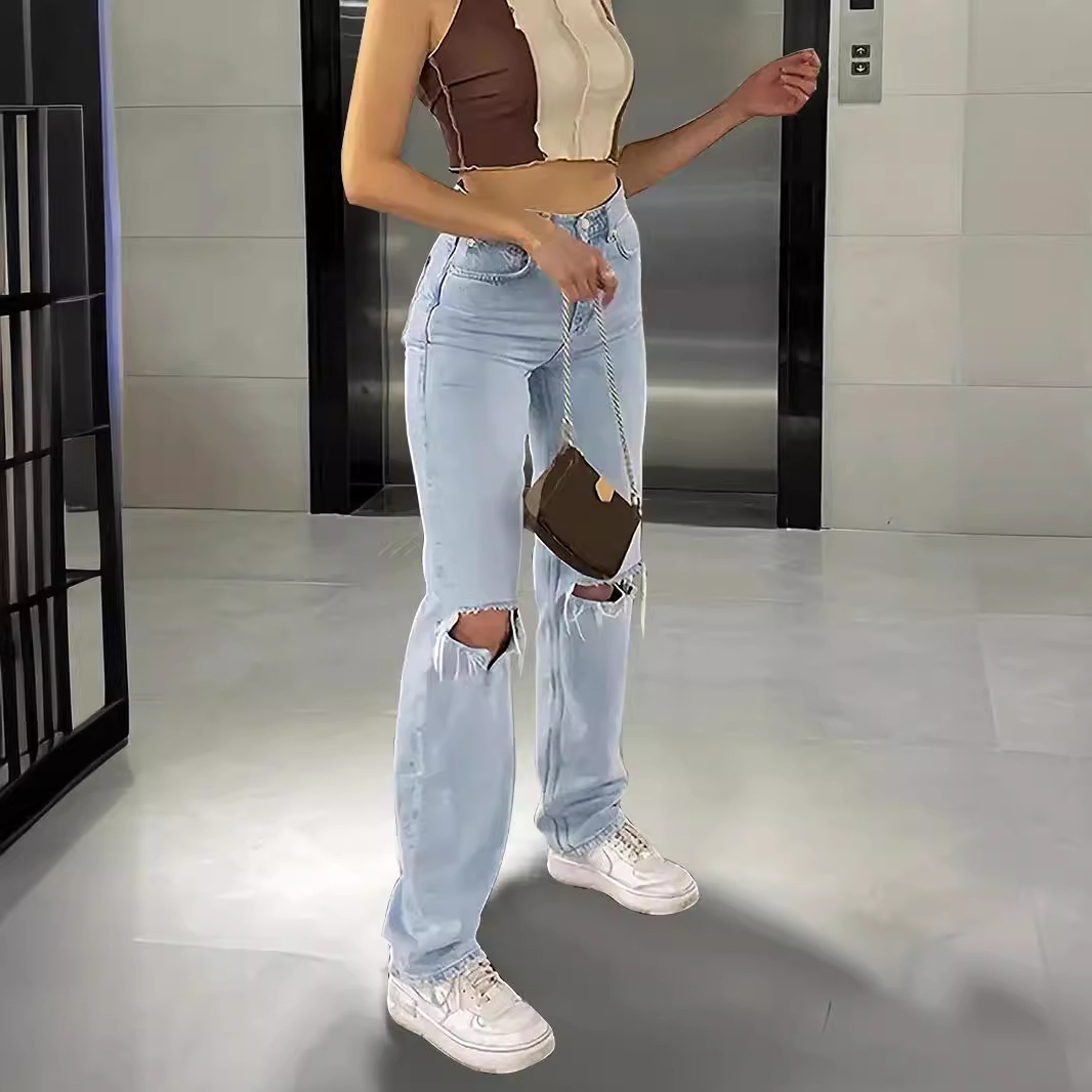 K New Women's Loose Wide Leg Jeans, Ripped Casual Pants_ecoleips.com