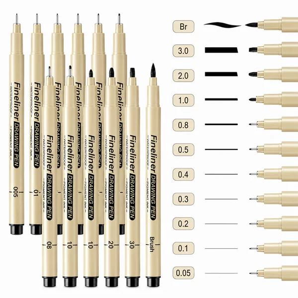 Art drawing liner pen, water-resistant, quick-drying, black needle-point pen, student hand-drawing design comic outlining pen, needle-point pen