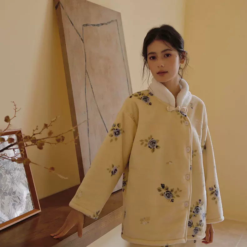 冬季新品加绒加厚复合绒新中式古风韵印花立领家居服睡衣套装