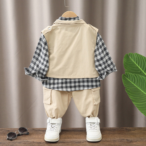 new boys spring and autumn long-sleeved plaid shirt casual trousers sleeveless vest three-piece foreign trade wholesale
