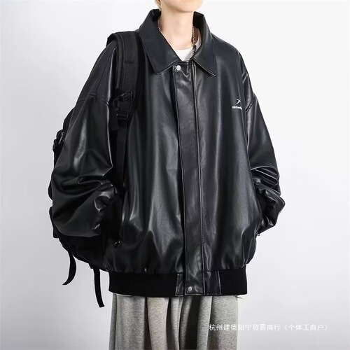 Mens High-end Cool Gangster Style American Trend Loose Plus Size Winter Fleece Youth Leather Jacket Black Leather Coat Outerwear