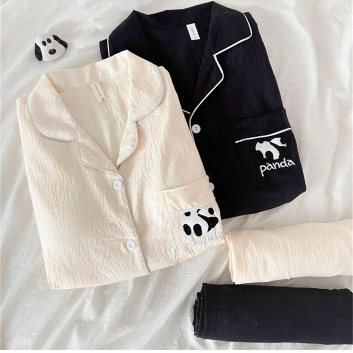 Primavera y verano nubes de algodón pareja pijama mujer panda dibujos animados bordados otoño hombre ropa de casa set comercio exterior al por mayor