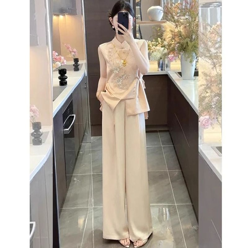 夏季洋气一整套女新中式改良旗袍无袖上衣阔腿裤子感时尚套装|undefined