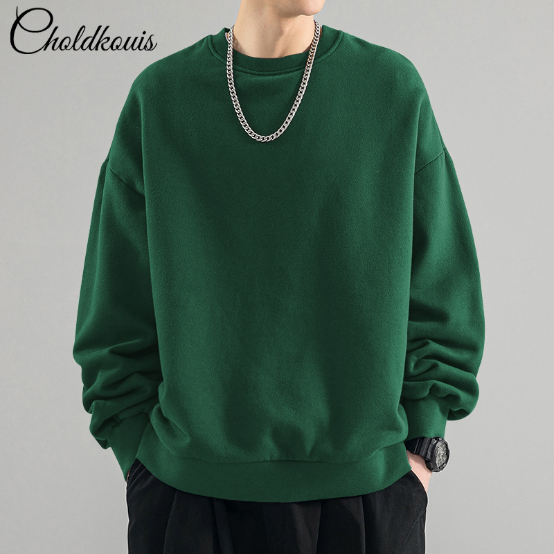 다크그린 라운드넥 스웨트셔츠 레귤러 스타일 - 솔리드 컬러 [GL]