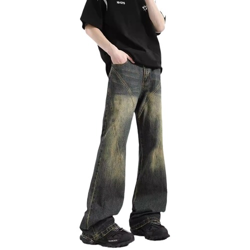 Deconstructing car line water-washed men's summer trend loose vibe design straight micro-waist pants