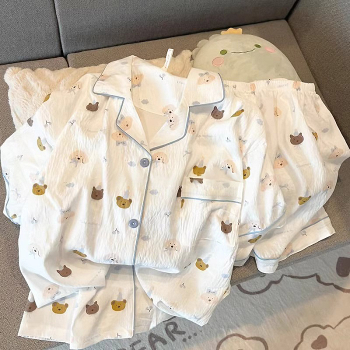 Cardigan de algodón nubes de verano con solapa dulce pijama de niña de manga corta pantalones cortos frescos set de ropa de casa de estudiantes al por mayor