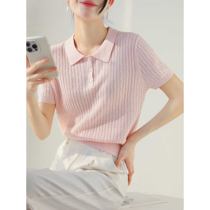 Stylish Polo Collar Cotton and Paper Yarn Short-Sleeve Knit T-Shirt for Women, Spring and Summer Outerwear, Cable Knit Inner Layer Base Shirt