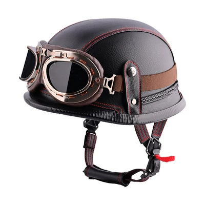 Motosiklet kaskı (dəbilqə) – 3C German-Style Soldier Helmet Retro Cruiser - black-and-red-line-bronze-black-tea-goggles-m