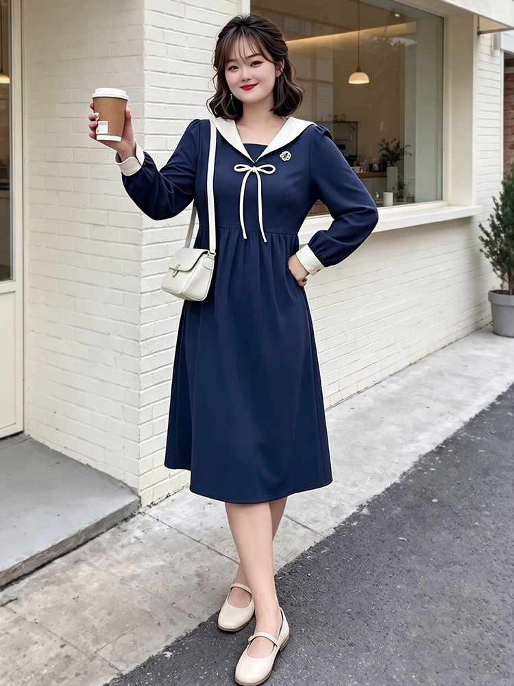60-160kg Plus Size Women's Navy Collar Dress for Spring and Autumn, College Style Long-Sleeve Dress for Slightly Chubby Girls