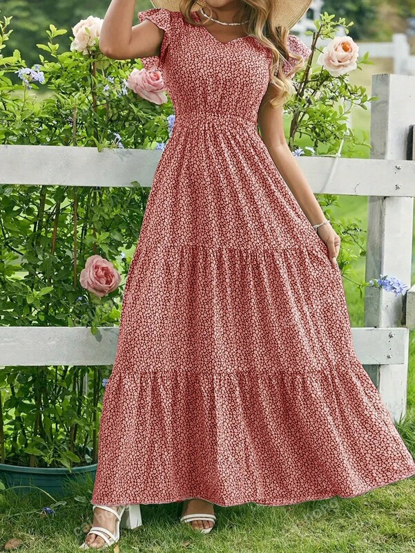 2025欧米のクロスボーダー婦人服ロングスカートアマゾン爆品vネックハイウエストプリント層半袖ワンピース砕花|undefined
