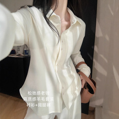 老钱风羊毛衬衫套装 绵柔亲肤翻领衬衫+阔腿裤两件套女秋G081902