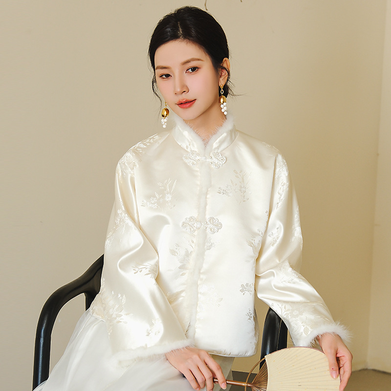 Autumn And Winter Women's Hanfu Chinese Style Thickened Cotton Clothes Jacquard Stand Collar Tops Plate Button Versatile Jacket Women