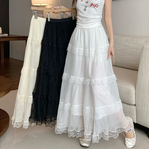 Spring 2025 High-Waist Slimming Lace Tiered A-Line Dress Sweet Matchable Medium-Length Dress High-Waist Umbrella Skirt Trendy Dress