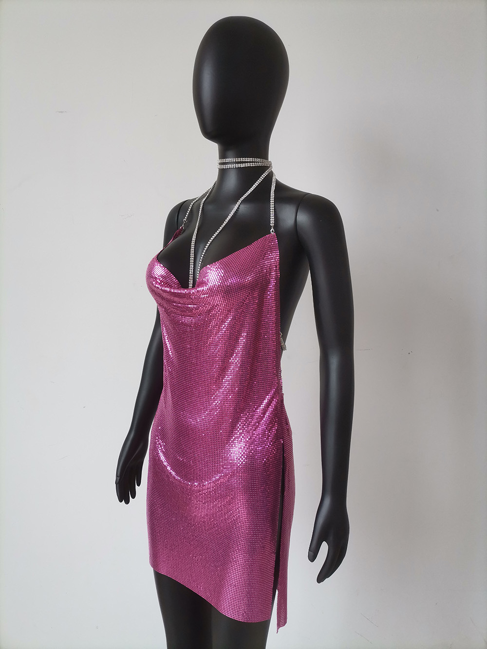 Sexy Mesh Metal Women Dress Crystal Chain V Neck Slit Backless Halter  Harness | eBay
