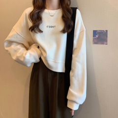 小个子圆领套头短款卫衣女春秋薄款加绒加厚秋冬上衣宽松高腰显瘦