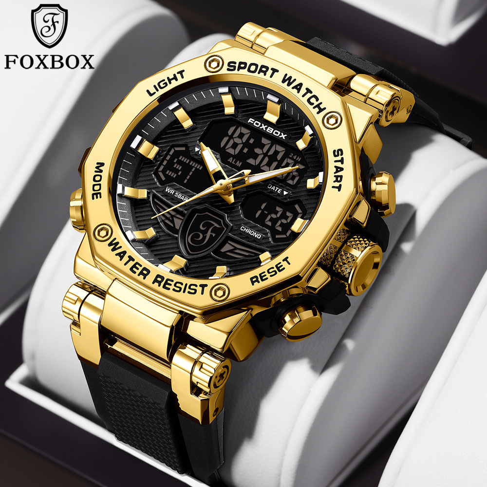 FOXBOX Reloj electrónico de doble pantalla para hombre Reloj electrónico impermeable Reloj despertador cronógrafo luminoso Reloj deportivo para estudiantes 0062