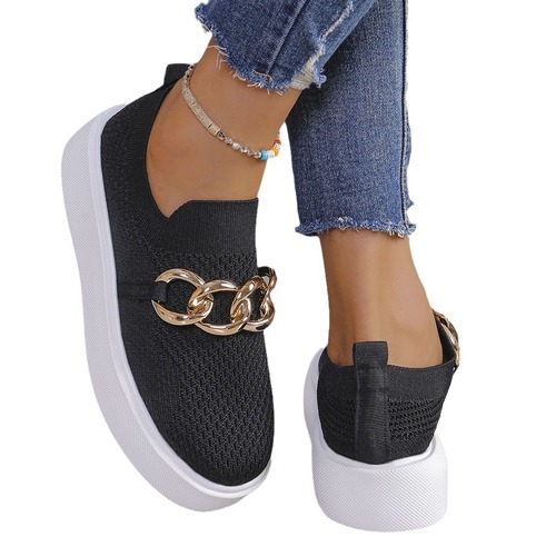 Metal chain wedge thick sole one-piece breathable lightweight mesh women's casual flat shoes for plus sizes