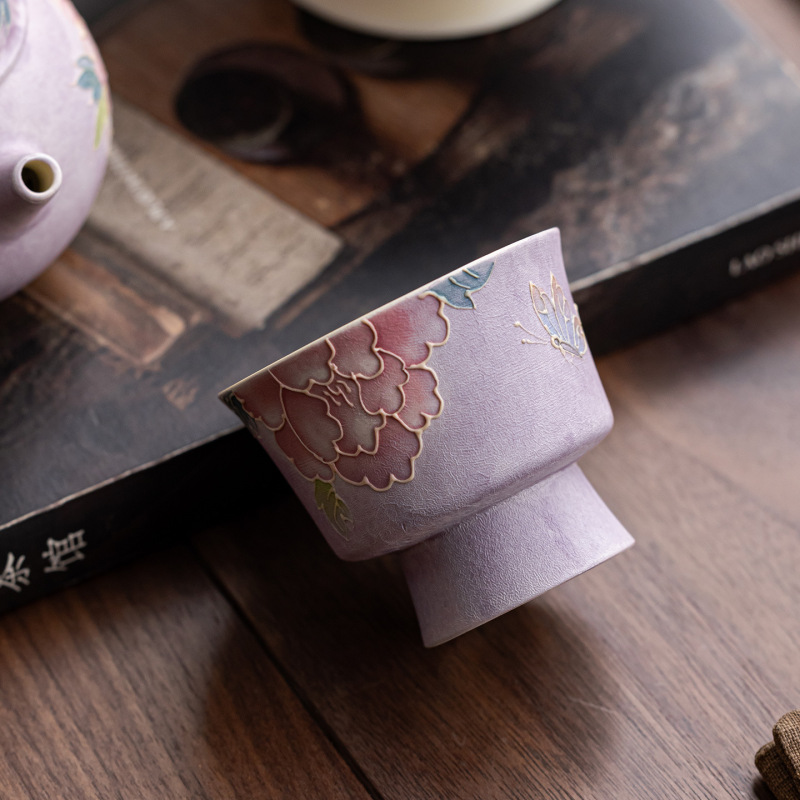 手绘紫色牡丹陶瓷普洱杯套组大号主人杯功夫茶具茶盏品茗杯|undefined