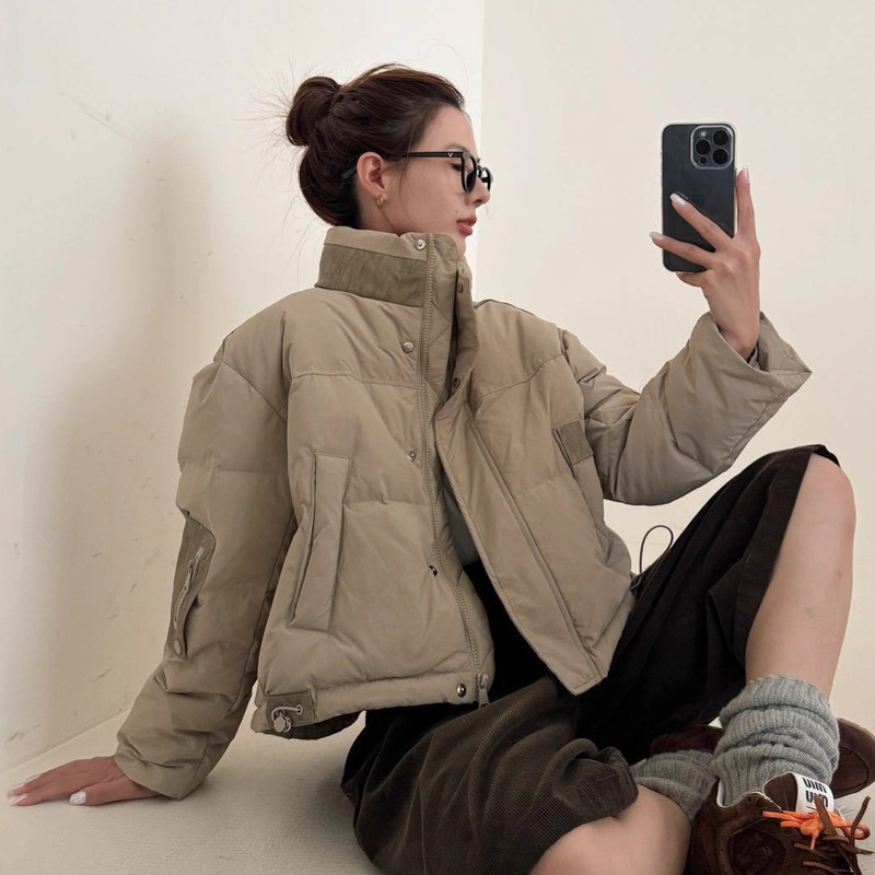 PU皮拼短款轻薄羽绒服女2025新款立领韩版时尚保暖90白鸭绒外套潮|undefined