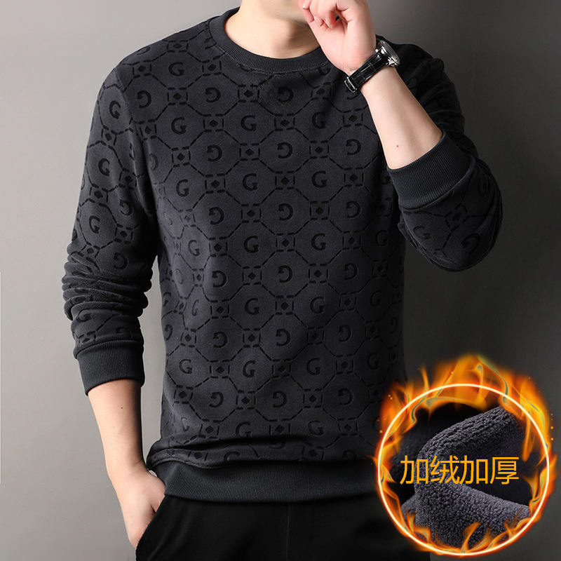 Men's Fleece Hoodie For Autumn And Winter, Simple And Versatile, Loose Round-Neck Thickened T-Shirt For Middle-Aged And_voghion.com