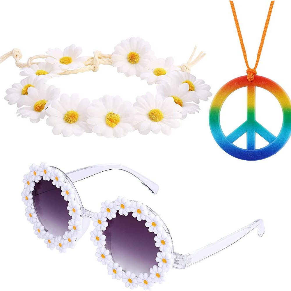 Accesorios de vestir hippies de la década de 1960, diadema de girasol, gafas redondas, conjunto de aretes de collar de talismán de paz