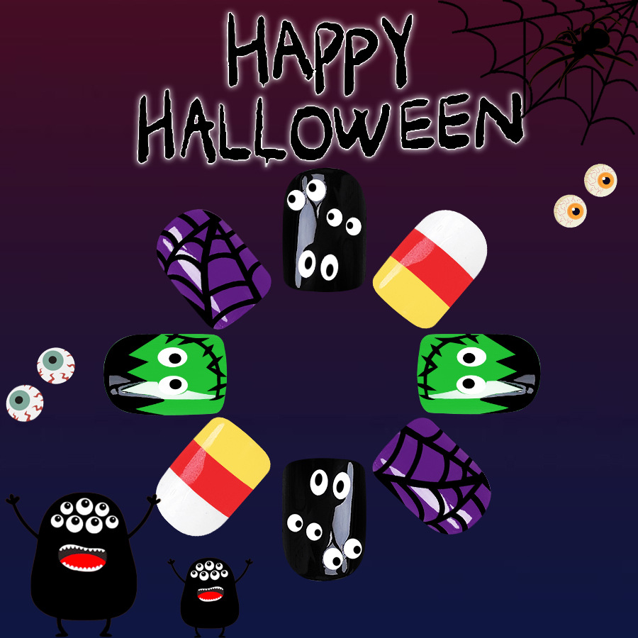 Nail Art Court Paillettes Halloween Multicolore Toile d'araignée Noire Horreur Globe Oculaire Monstre Vert 2024 Nouveau 24_voghion.com
