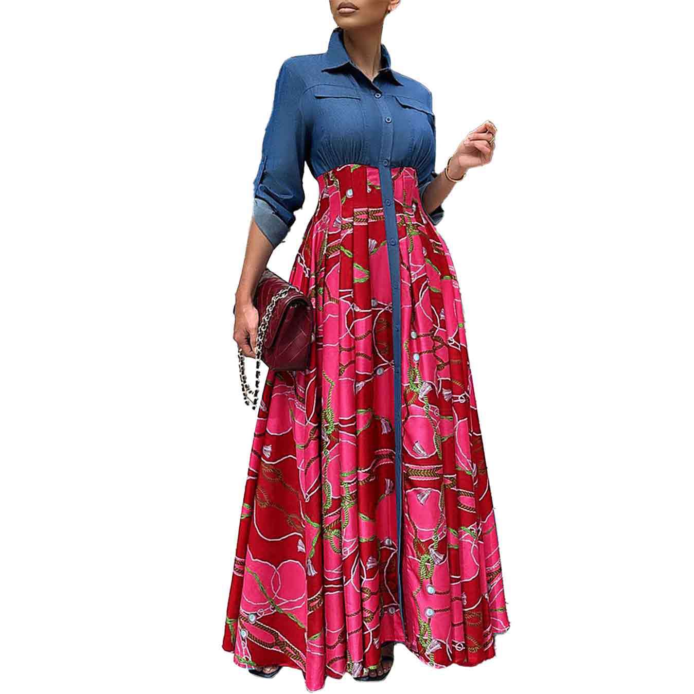 nuovo vestito da donna di grandi dimensioni alla moda casual denim splicing stampato gonna lunga grande swing commercio estero_voghion.com