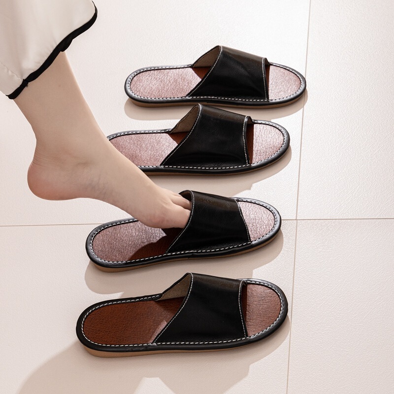 Genuine Leather Slippers for Summer, Japanese-Style Indoor Home Use, Cowhide and Rubber Sole, Non-Slip, Odor-Resistant, for Men and Women, Suitable for All Seasons