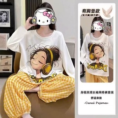 批发爆款云朵棉睡衣女长袖长裤带胸垫卡通宽松可爱风家居服女套装