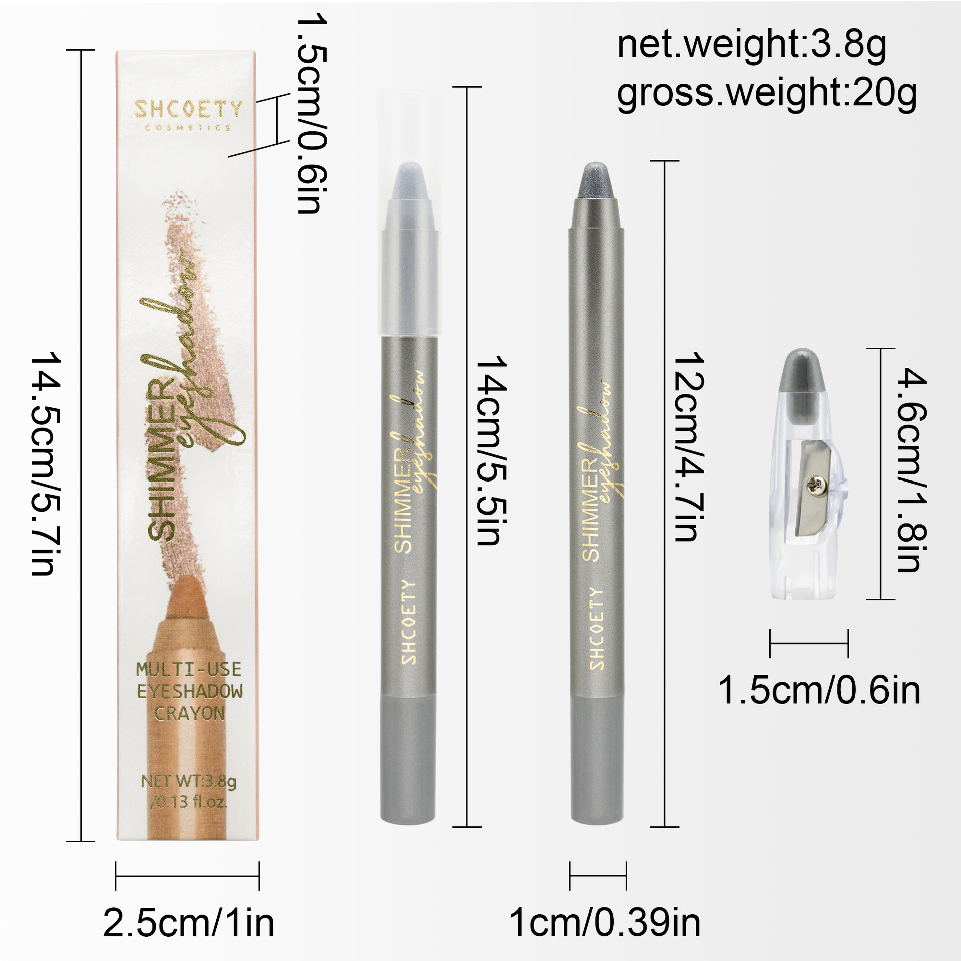 SHCOETY Cross-border exclusive 10-color pearlescent eyeshadow pen, non-smudging, pencil sharpener, eyeliner, and bed pencil foaming Specification drawing