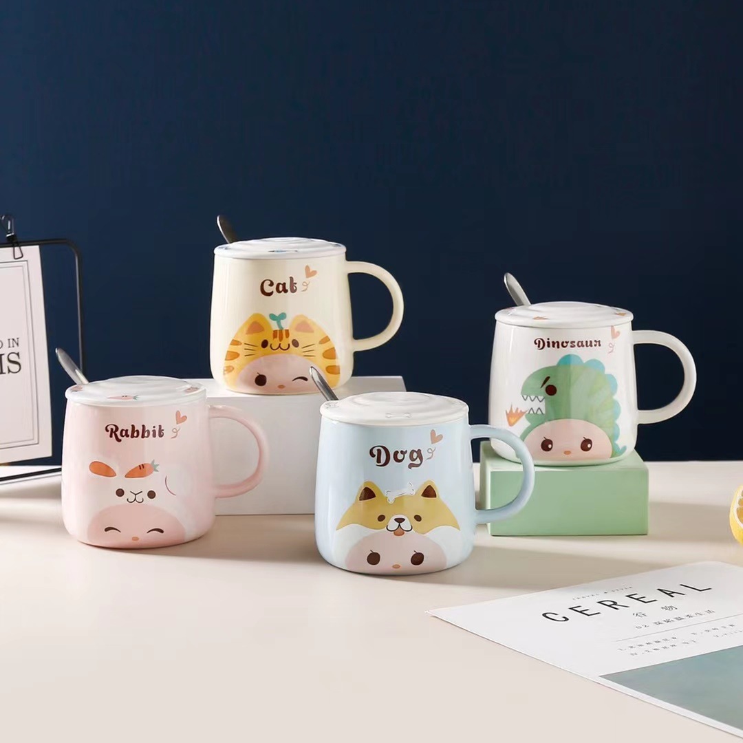 Creativo de dibujos animados animal expresión regalo personalizado taza con tapa cuchara taza de café cerámica Oficina taza de beber