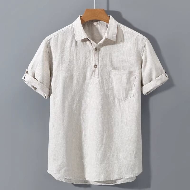 Summer Pure Linen Men's Short-Sleeved Shirt, Linen Men's Clothing, New Chinese Style Collared Full Linen Half-Sleeved Men's Shirt