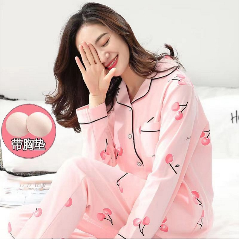 Otoño 100% pijamas de algodón puro con almohadilla en el pecho pantalones de manga larga traje de dos piezas de las mujeres delgadas simples homewear