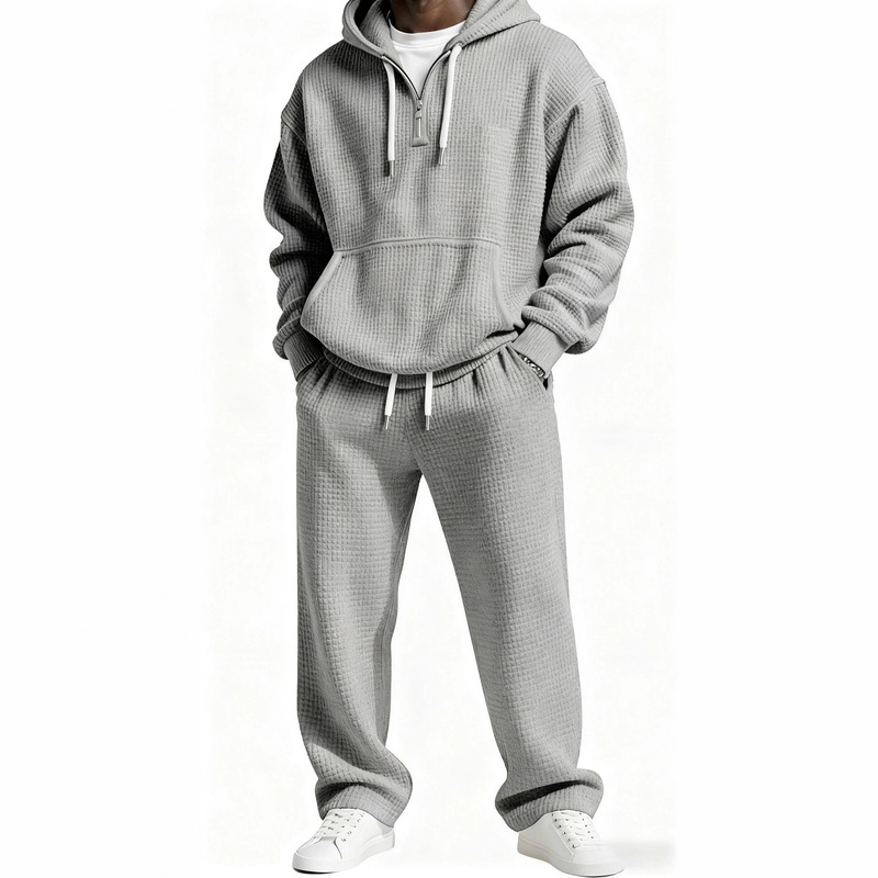 Cross-Border Amazon Popular Autumn and Winter Waffle Hooded Sweatshirt and Sweatpants Suit 3D Printed Casual Sports Suit for Men