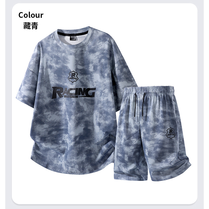 New cross-border European size tie-dye print casual suit, soft and comfortable sports suit with pockets and zipper, loose fit.