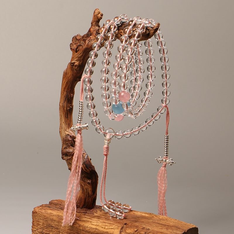 Natural White Crystal 108 Beads Prayer Beads Bracelet with Multiple Circles, Aquamarine, Pink Crystal, Top Beads, Waist Beads, Vajrasattva