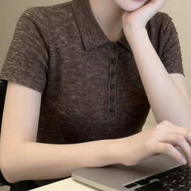老钱风冰丝polo领针织衫女夏季凉感T恤高级感休闲气质显瘦上衣
