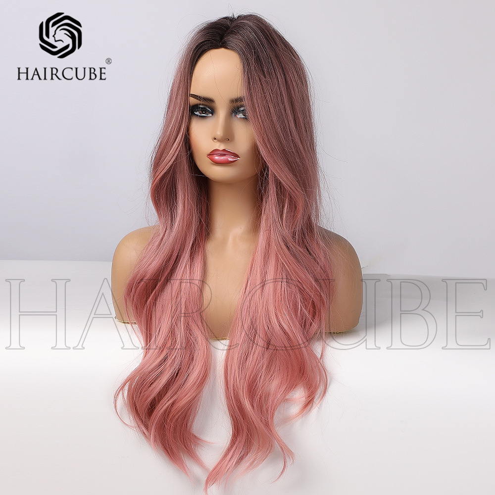 HAIRCUBE Peluca transfronteriza de estilo europeo y americano, la parte superior de la cabeza está teñida de negro, rosa degradado, cabello rizado de longitud media, seda de alta temperatura, comercio exterior